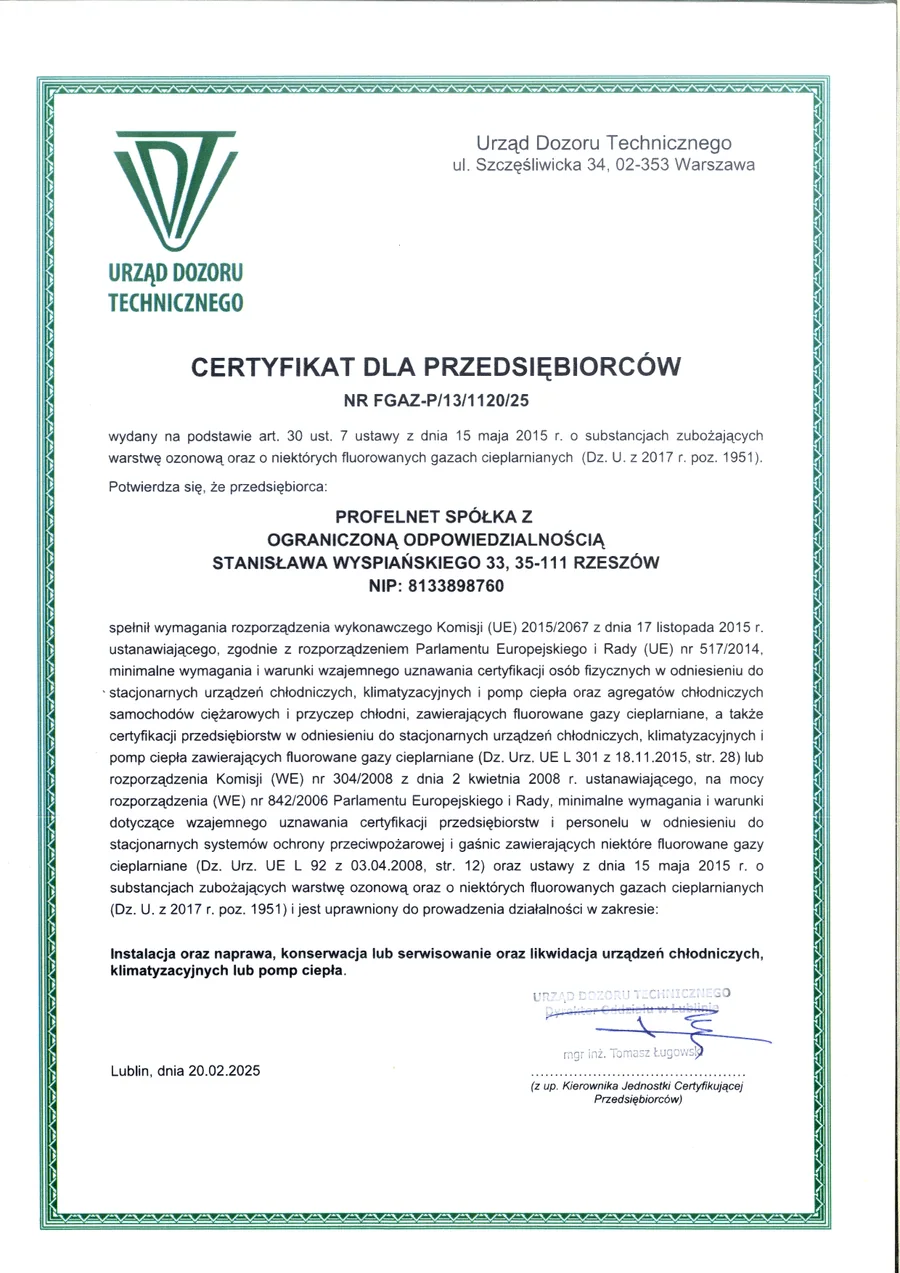 Firmowy certyfikat F-gaz Profelnet